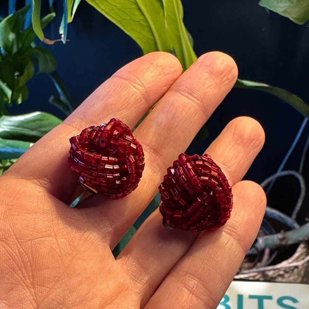 Vintage Red Beaded Clip On Earrings
